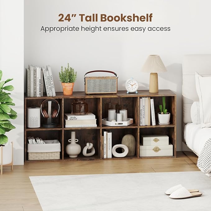 Giantex 8-Cube Bookcase, Floor Standing Bookshelf with Storage & 2 Anti-Tipping Kits, Open Storage Organizer, Cubby Wooden Book Shelf for Living Room, Study & Bedroom, Rustic Brown