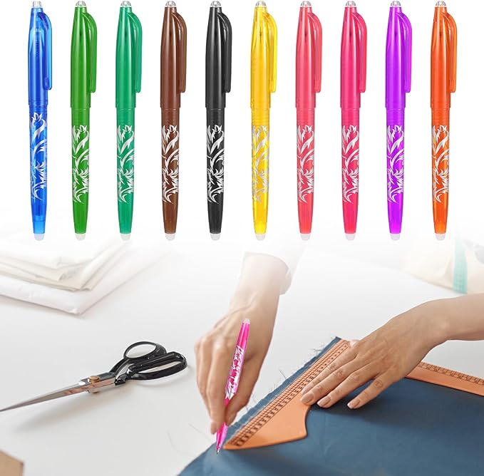 12pcs Heat Erasable Pens for Fabric, Fabric Marking Pens Fabrics Markers No Ghost Lines, Disappearing Ink for Precise Marking for Quilting Sewing Embroidery DIY Dressmaking Fabrics Tailors Chalk (10)