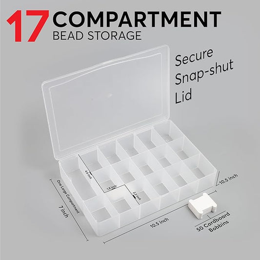 2PACK Embroidery Floss Organizer Box with 50 Cardboard Bobbins - 17 Compartments Clear embroidery thread and Beads organizer box, Snap-Tight Clear Sewing Organizer - Jewelry Bead Holder (Made in USA)