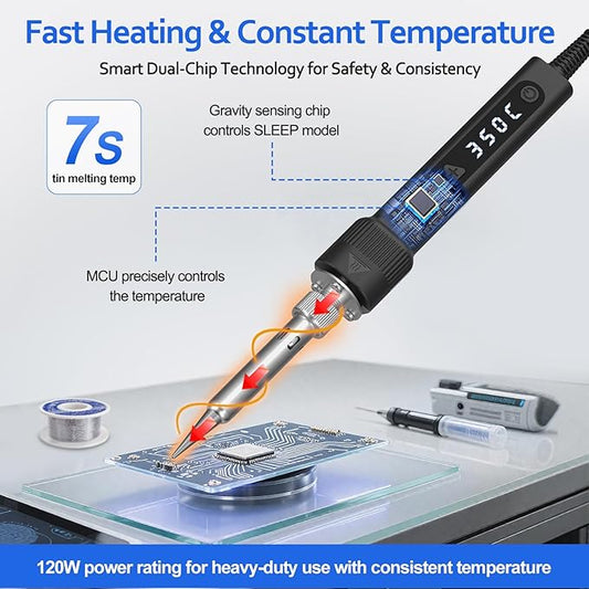 120W LED Soldering Iron Kit, 7s Fast Heating Adjustable Temp 356-968℉ Auto Sleep Precision Welding Gun Tools Electronics Repair with Solder Wire, 5 Soldering Tips, Desoldering Pump, Stand, Tweezers