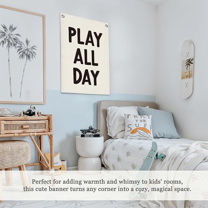Playroom Wall Decor Linen Canvas Banner,Play All Day Wall Hanging Flag Banner for Kids Nursery and Playroom Wall Decor,Stylish Room Decor for Boys and Girls 18x25 Inch