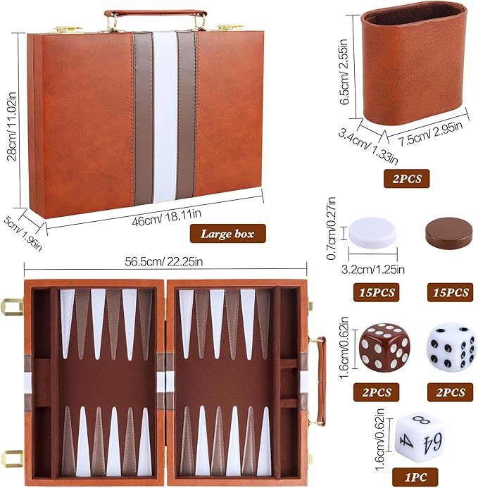 Backgammon Set 2 Players Classic Backgammon Sets for Adults Board Game with PU Leather Case Portable and Travel Backgammon Set (Brown, 18inch)