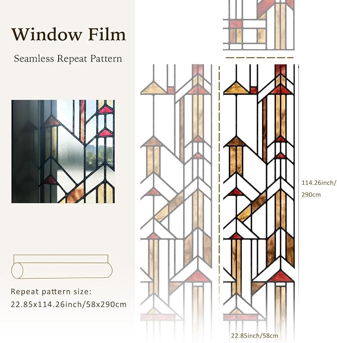 Original Hand Drawn Stained Glass Window Film Amber Geometry Patterns Inspired - Image 3