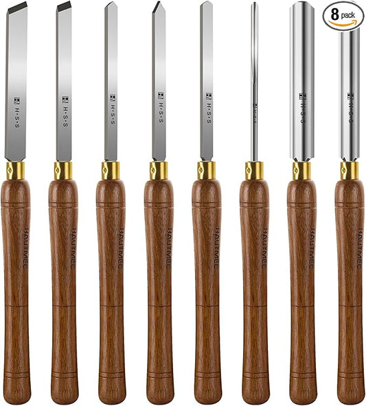 HAUTMEC Pro HSS Wood Lathe Turning Chisel Set 8 Pcs, Lathe Chisel Set with 3 Gouge 2 Skew 1 Spear Point 1 Parting 1 Round Nose Tools with 1680D Tool Bag for Professionals and Beginners - HTWCH25028