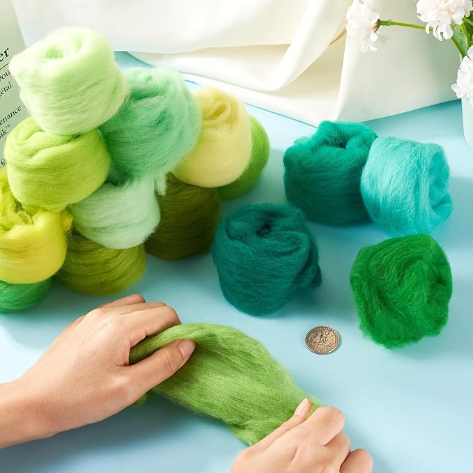 FASHEWELRY 2.6 OZ Nature Wool Roving Set Green Theme Needle Felting Wool Roving - Image 6