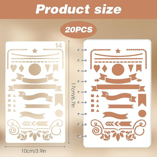 20Pcs Journal Stencils Set, Plastic Planner Journaling Stencils, DIY Drawing Templates Accessories Kit for Notebook Cards Scrapbook, Reusable Productivity Journals Supplies