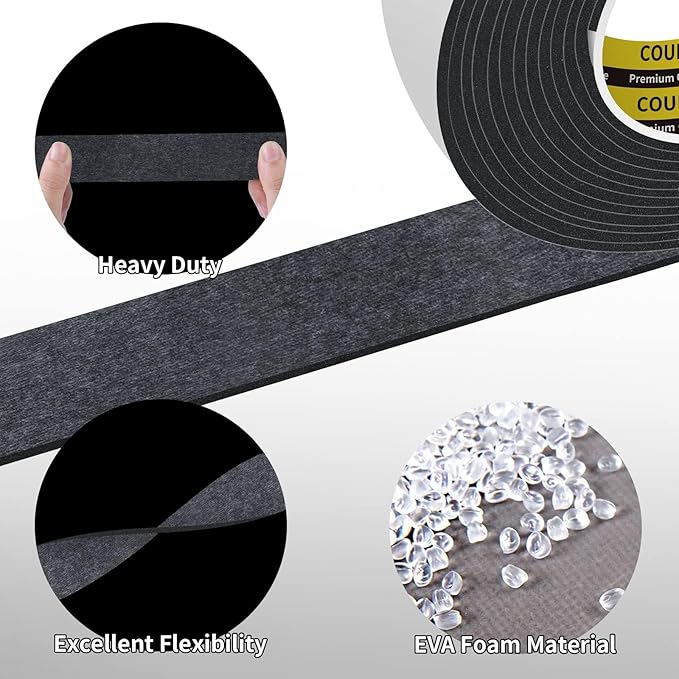 3 Pack EVA Single-Sided Adhesive Black Foam Tape,2inx16.4FT Single-Sided Sealing Strip Foam Pad Sponge Tape Window Weatherproof, Self-Adhesive Insulation Sealing Tape