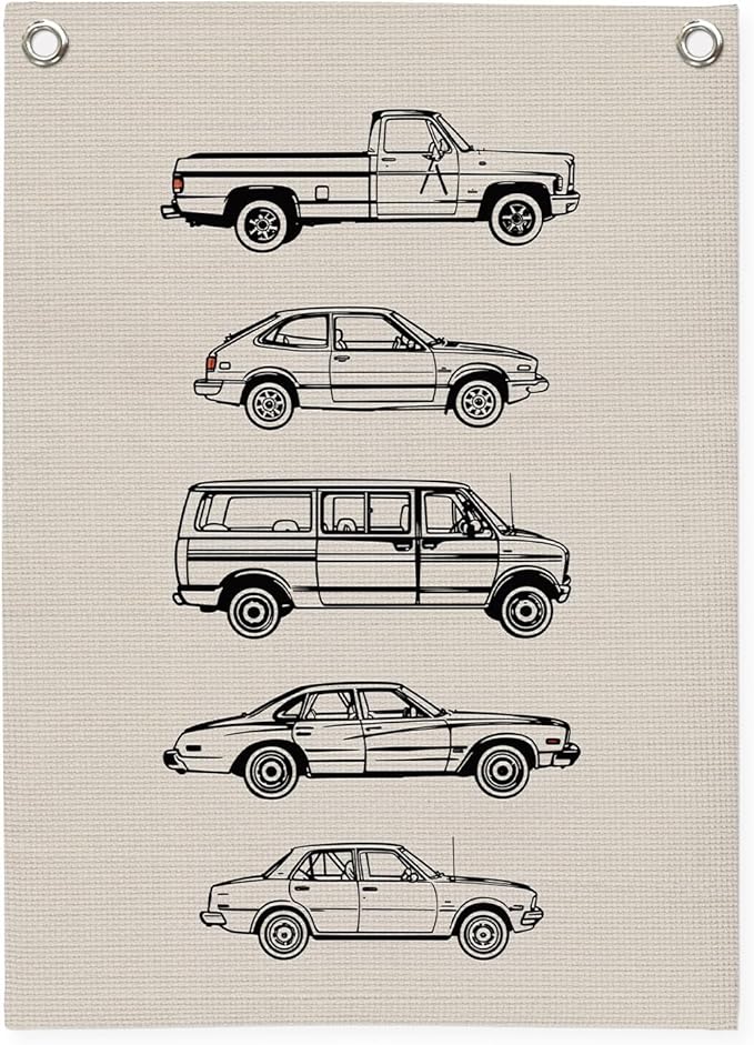 Toddler Boy Room Decor, Vintage Car Linen Canvas Banner, Retro Car Room Decor Wall Hanging Flag Banner for Little Boy Bedroom,Playroom Nursery 18x25 Inch