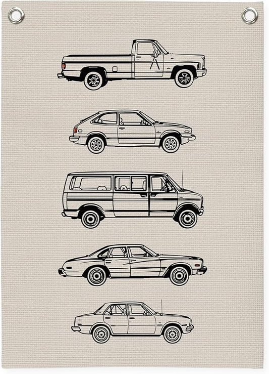 Toddler Boy Room Decor, Vintage Car Linen Canvas Banner, Retro Car Room Decor Wall Hanging Flag Banner for Little Boy Bedroom,Playroom Nursery 18x25 Inch