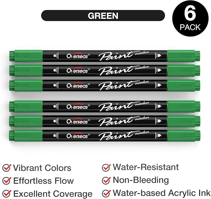 Overseas 6 Green Acrylic Paint Markers, Dual Tip Paint Pens Acrylic Marker | - Image 2
