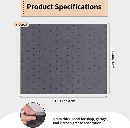 20 * 5 PCS Oil Absorbent Pads with Hanging Hooks - 10"x13" Reusable Liquid Spill Mats for Garage & Workshop - Super Absorbent Leak Control Pads (Grey, Boxed)