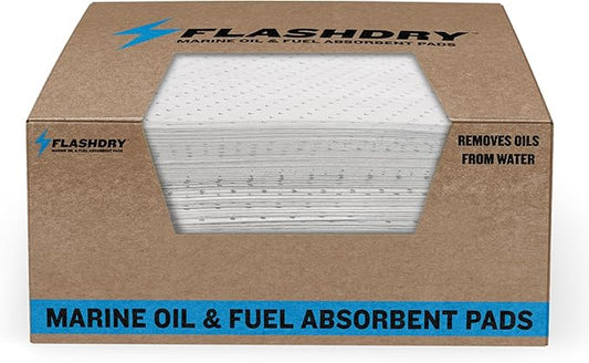 FLASHDRY Marine Oil & Fuel Spill Absorbent Pads - 100-Count Box, 17.5” x 13.5”, Water Repellent, Effective Spill Control, Marine Protection, High-Performance, Eco-Friendly, Tear Resistant