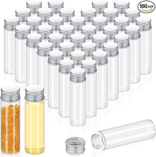 100 Pcs Small Clear Vials Spice Mini Jars with Lids Mini Glass Bottles with Screw Aluminum Metal Caps Tiny Jars Sample Containers for Powder Cream Cosmetic Jewelry Wedding (20 ml,Silver Caps)