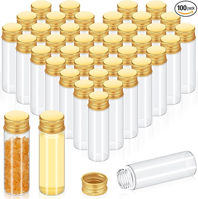 100 Pcs Small Clear Vials Spice Mini Jars with Lids Mini Glass Bottles with Screw Aluminum Metal Caps Tiny Jars Sample Containers for Powder Cream Cosmetic Jewelry Wedding (15 ml,Gold Caps)