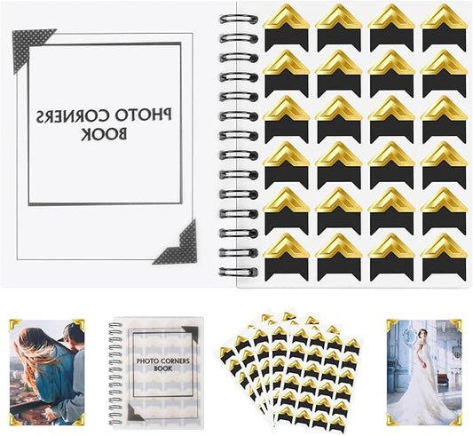 GOONAVI 15 Sheets 360 PCS Golden Black Acid-Free Photo Corners Notebook, Self-Adhesive Corners for DIY Album Journal, Corner Stickers for Trip Memory Book