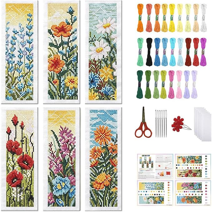 FREEBLOSS 6 Set Cross Stitch Bookmark Kit Wild Flowers Pattern Stamped Cross by FreeandCreativeCraftsArt