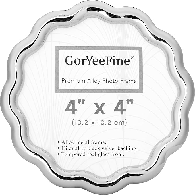 High-End Silver 4x4'' Round Zinc Alloy Picture Frames, Unique Wave Design by GorYeeFine