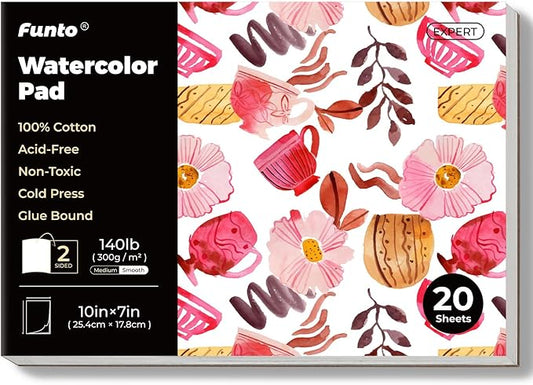 Funto Watercolor Pad, 10×7", 20 Sheets, 140lb/300gsm, 100% Cotton, Cold Press, Glue Bound, Double-Sided, Easy Tear Heavyweight Art Paper for Painting