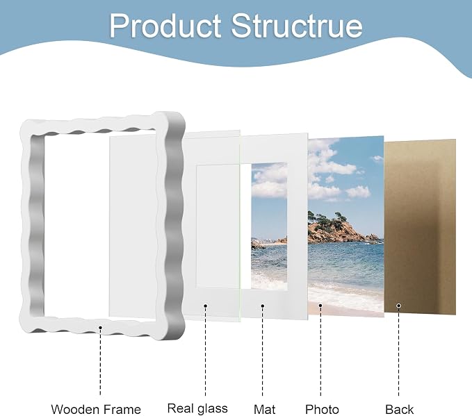 8x8 Picture Frame with Mat for 6x6, Wavy Edge Wooden Real Glass Photo Frame for - Image 5