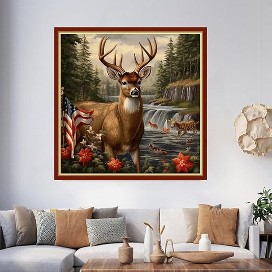 Foxhool Beginners Cross Stitch Kits Stamped Full Range of Embroidery Kits for Adults DIY Cross Stitches kit Embroidery Patterns for Needlepoint kit-Deer National Flag 17.7x17.7 inch