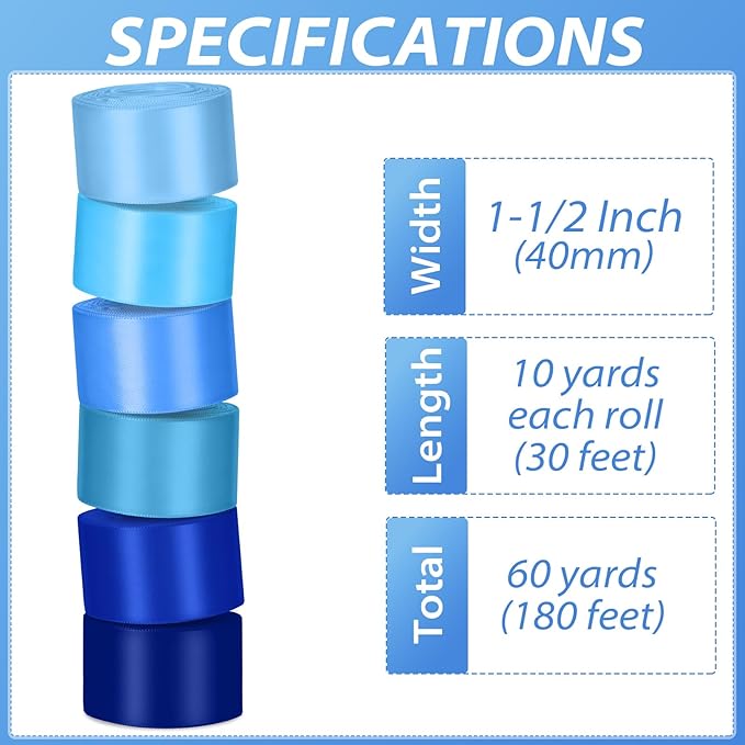 1-1/2 Inch Blue Satin Ribbons for Crafts, 6 Rolls Single-Faced Blue Assorted Ribbons for Gift Wrapping Flower Bouquet Wedding Invitations Bridal Shower Hair Bows Garland Party Decor