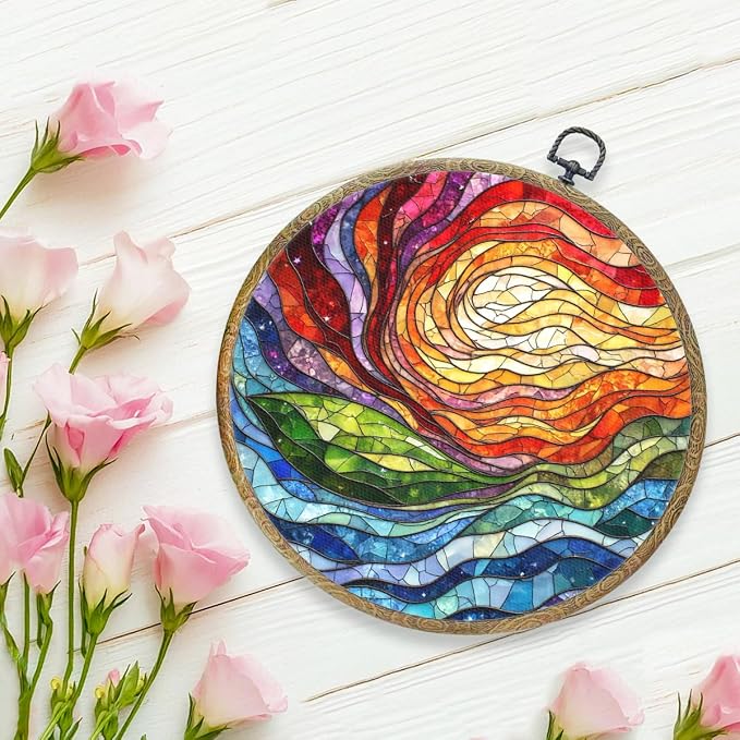 Colorful Boho Rainbow Geometric Spiral Sun Art Gift Framed Round Wall Decor - Image 5