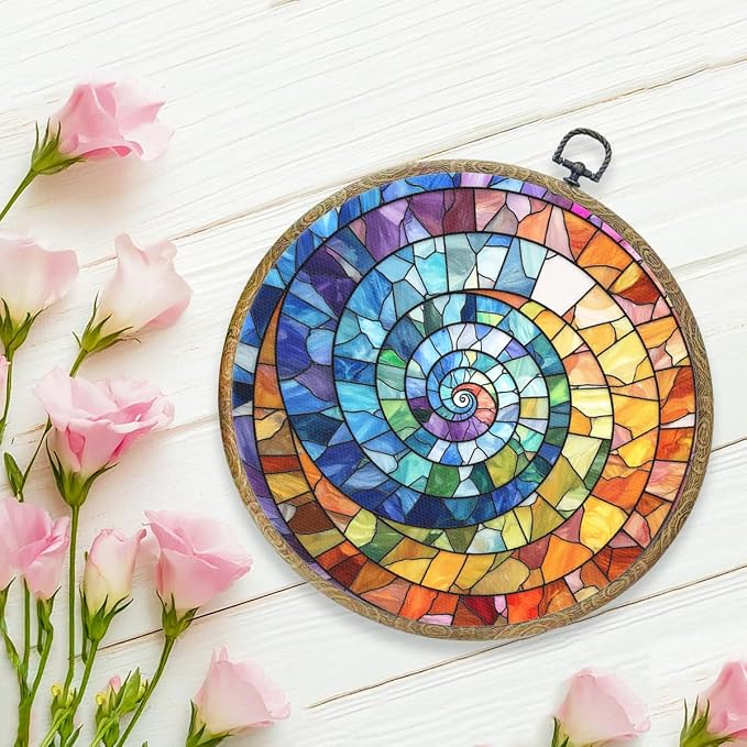 Colorful Boho Rainbow Geometric Spiral Sun Art Gift Framed Round Wall Decor - Image 5