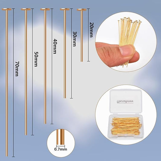 100pcs 18K Gold Filled Flat Head Pins Non Tarnish Craft Earring Bracelet Jewelry Making Accessories Supplies (70mm (2.75in), Gold-Flat Head Pin)