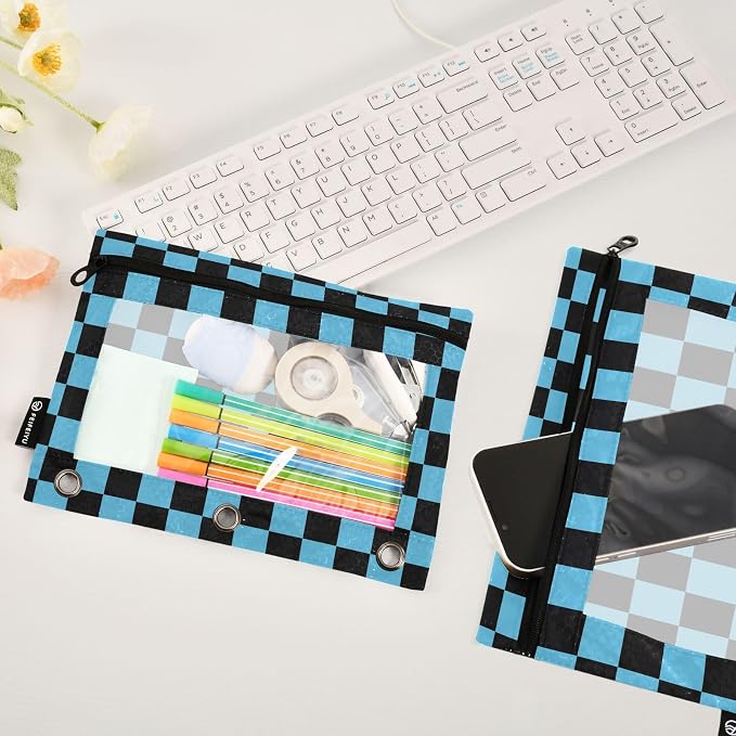 Black Blue Checkered Pattern Pencil Pouch - Image 5