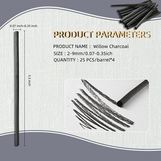 100 PCS Willow Charcoal Sticks, Ideal for Artists, Beginners, Students, Perfect for Sketching, Drawing, Shading, and Fine Art, 5.7 Inches Long, 2-4*25,4-5*25,5-7*25,7-9*25 (2-4,4-5,5-7,7-9)