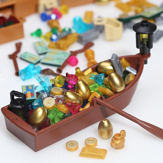 220 Pcs Pirate Treasure Money Parts Building Blocks, Expedition Wooden Boats Treasure-Maps, Cash Chests with Gold Nuggets, Pretend Play Dollar for Friends City Farm Series Bricks