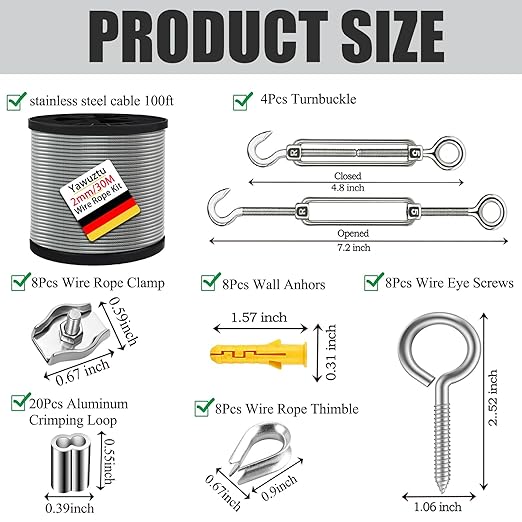 1/16 Inch Stainless Steel Cable 100FT with M5 Turnbuckle - 304 SS Wire Rope Kit for Outdoor Sun Shade, Garden, Deck (1/16" 100FT Wire Rope Kit)