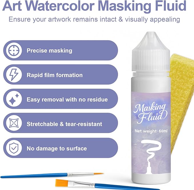 120ml Masking Fluid for Watercolor Painting, Art Watercolor Masking Fluid Precise White Space, Easy Peel-Off, Water Based Latex, for Artists, Beginners, DIY Canvas Protection (White)