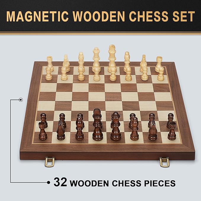 Magnetic Wooden Chess Set, 15" Folding Chess Board with 2 Extra Queens, Portable Travel Chess Set with Pieces Storage Slots, Beginner Chess Board Game for Adults & Kids