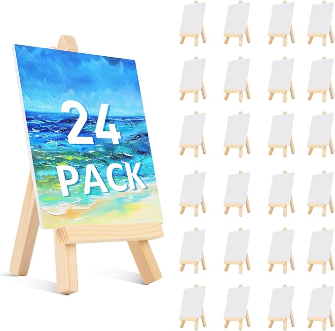 24 Pcs 5 Inch Mini Wood Display Easel, Small Wooden Easel Stand Art Craft Painting Triangle Stand Canvas Holder for Card Artist Photos Tabletop