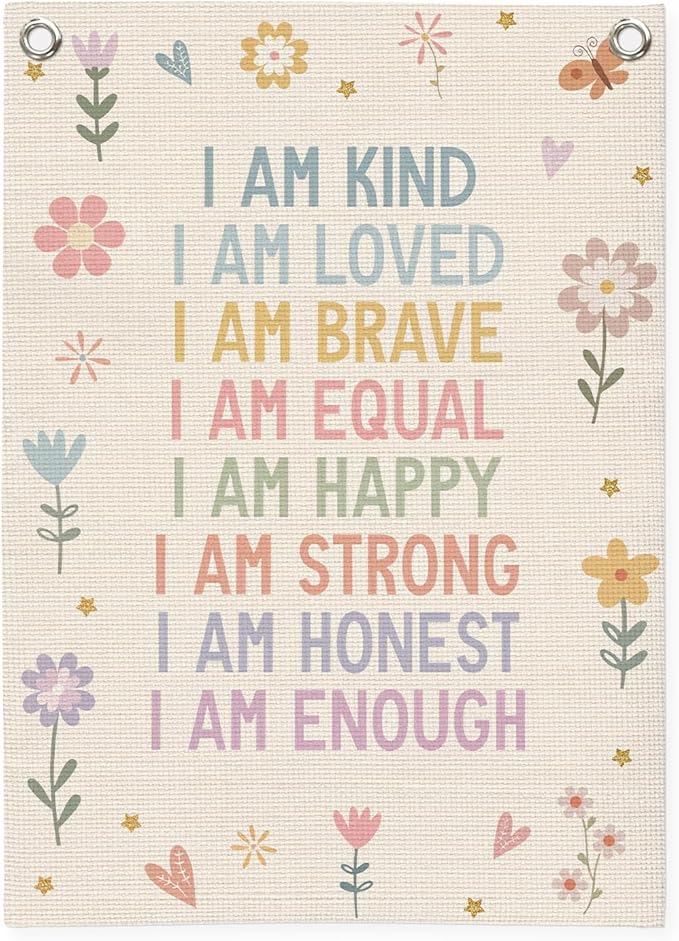Affirmations Wall Hanging Art for Kids, Flower Wall Art I Am Kind Linen Canvas Banner, Girls Room Decor, Kid's Bedroom, Affirmations Wall Banner, Inspirational Nursery Decor 18x25 Inch