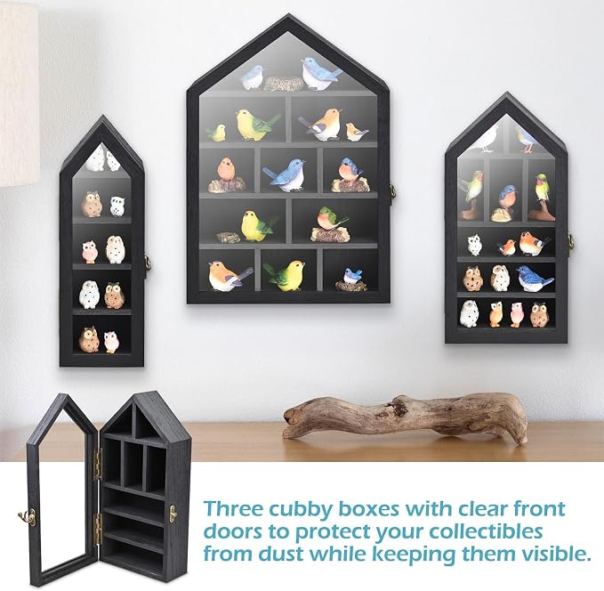 Ikee Design 3 Pcs Set Wall-Mounted House-Shaped Wooden Shadow Cubby Box Display - Image 4