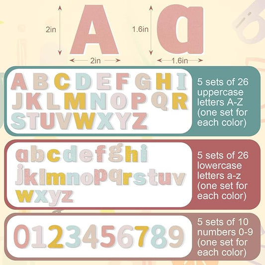 Breling 310 Pieces Felt Bulletin Board Letters Sticker with Number, 2" Bulk Self Adhesive ABC Upper Lowercase Sticky Letter for Christmas Gift Poster Bulletin Board Classroom(Boho Color)