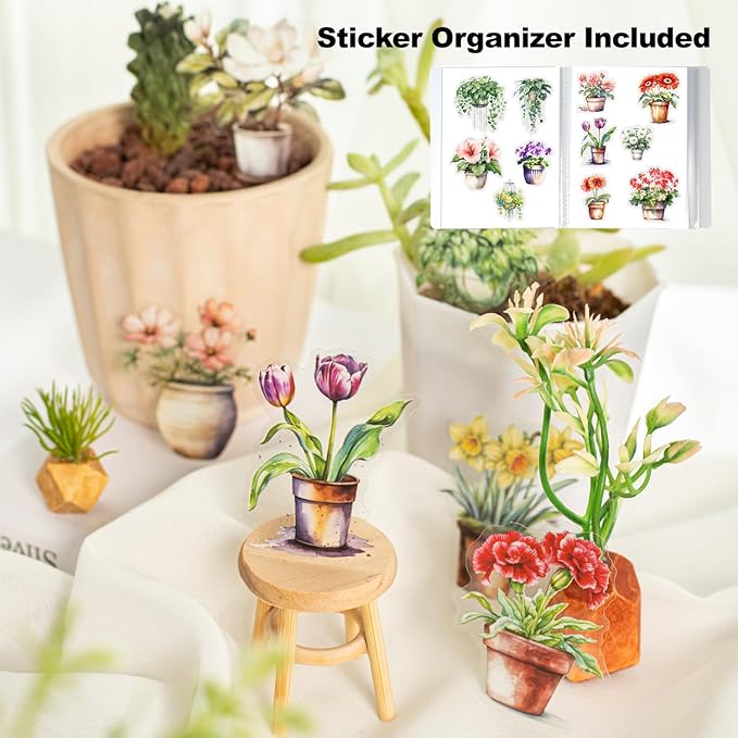 150Pcs Potted Plant Stickers, Botanical PET Stickers for Scrapbooking, DIY Crafts, Journaling, and Junk Journal Ephemera with Organizer