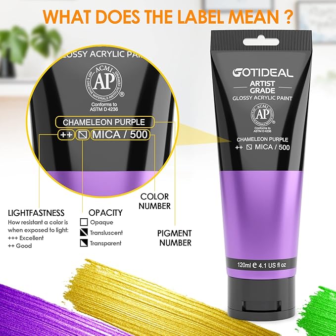 GOTIDEAL Iridescent Acrylic Paint Chameleon Purple Tubes(120ml, 4.1 oz) Non Toxic Non Fading,Rich Pigments for Painters, Adults & Kids, Ideal for Canvas Wood Clay Fabric Ceramic Craft Supplies
