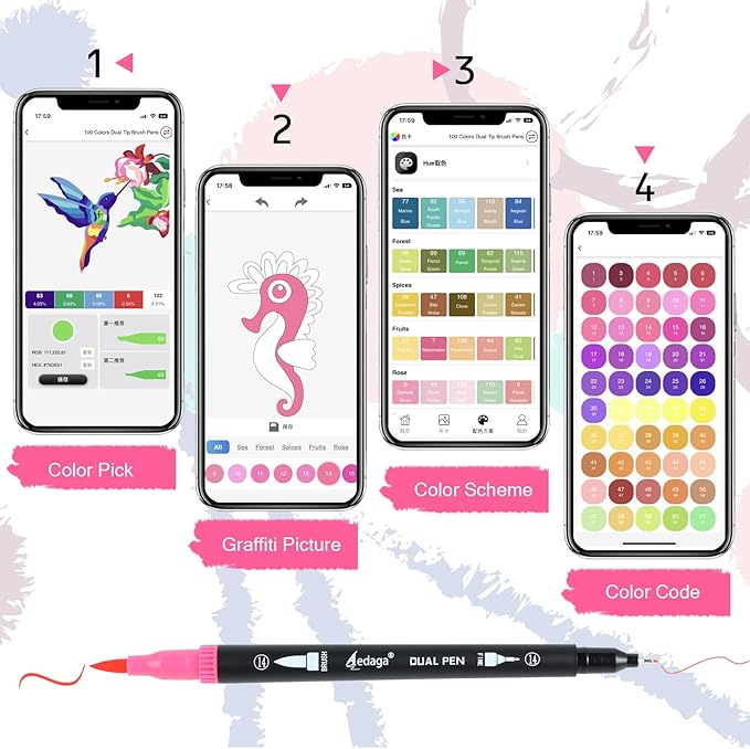 100 Colors Numbered Dual Tip Brush Pens with Free App, Fine and Brush Tips Pens for Adults and Kids, Coloring Markers for Coloring Book Bullet Journaling Note Taking Planner Hand Lettering