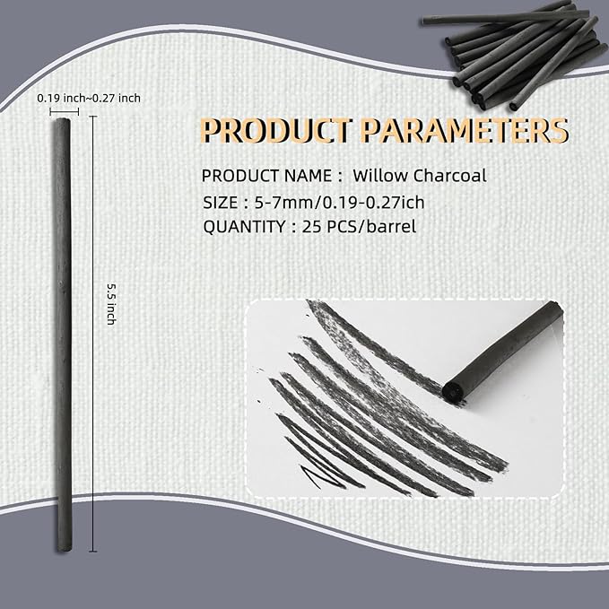 25 PCS Willow Charcoal Sticks, Ideal for Artists, Beginners, Students, Perfect for Sketching, Drawing, Shading, and Fine Art, 5.7 Inches Long, 2-4,4-5,5-7,7-9 (5-7)