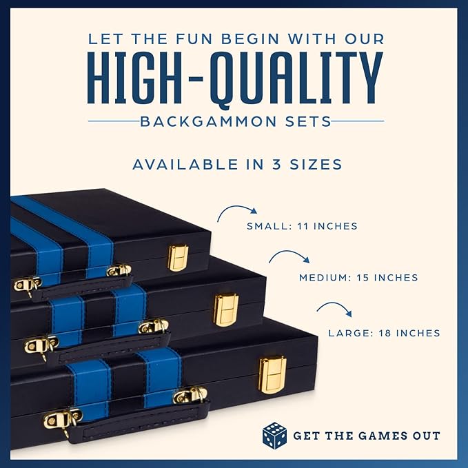 Get The Games Out Top Backgammon Set - Classic Board Game Case 15" Medium Size - Best Strategy & Tip Guide - Available in Small, Medium and Large Sizes (Blue, Medium)