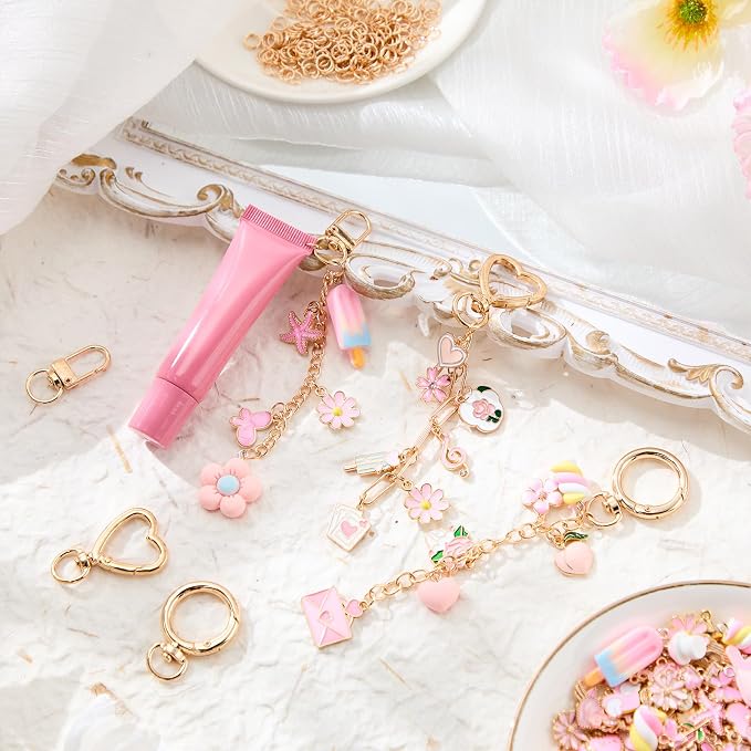 VioraWhite 457 Pcs Pink Charms Lip Gloss Keychain Making Kit, DIY Craft - Image 3