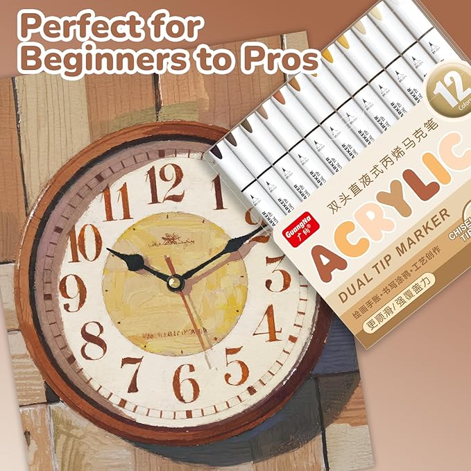 Guangna 12 Brown Dual Tip Acrylic Paint Markers, Brush Tip & Chisel Tip Acrylic Paint Pens for Rock, Wood, Glass, Paper, Coloring Book, Ceramic, Canvas, Water-Based Ink