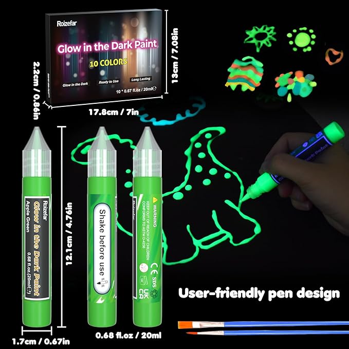 Roizefar Glow in the Dark Paint, 10 Colors 3D Permanent Acrylic Fabric Paints - Image 2