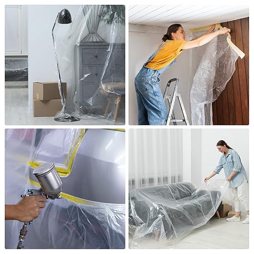 HARFINGTON 3 Rolls Pre-Taped Masking Film 78.7" x32.8ft Double Adhesive Tape and Drape Painters Plastic Drop Cloth Film with Tape Plastic Sheeting for Automotive Painting Covering
