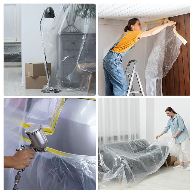 HARFINGTON Pre-Taped Masking Film 78.7" x65.6ft Double Adhesive Tape and Drape Painters Plastic Drop Cloth Film with Tape Plastic Sheeting for Automotive Painting Covering