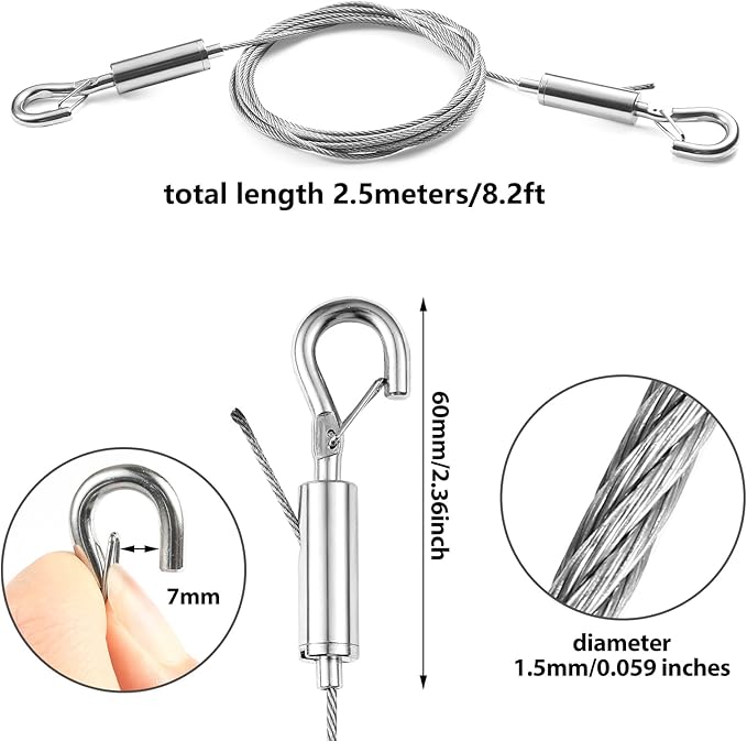2PCS Adjustable Suspension Cable kit,Picture Hanging Wire Kit Supports 66lbs,2.5m x1.5mm Stainless Steel Wire Rope for Hanging Heavy Frame Picture Photo Mirror Artwork Pendant and exhibits