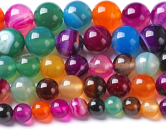 8MM Natural Stone Colorful Stripe Agate Energy Healing Beads Round Loose Beads for Jewelry Making Bracelet 90pcs 2 Strands 32"